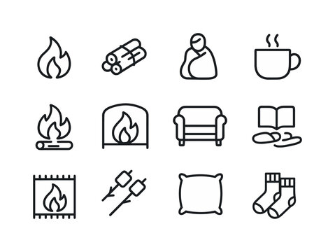 Cozy Fireplace Icons. Cozy fireplace scene. Line icon set of Cozy fireplace scene: flickering flame, firewood bundle, person wrapped in blanket, cocoa mug,