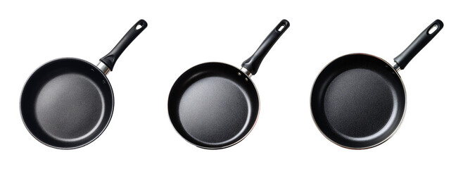 Black frying pan set with various angles PNG set with isolated on transparent background