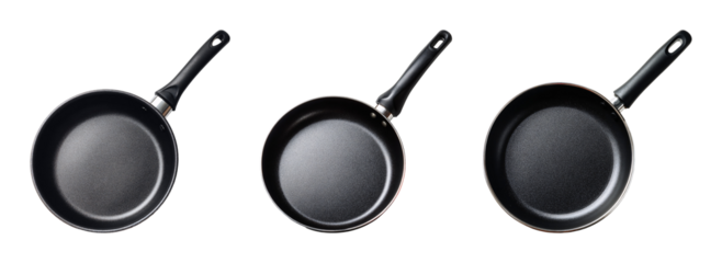 Black frying pan set with various angles PNG set with isolated on transparent background