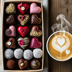 A delightful box of assorted heart-shaped chocolates and truffles next to a steaming cup of latte with beautiful heart latte art, perfect for a romantic occasion.