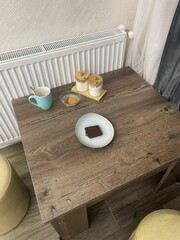 chocolate on the plate on the table.