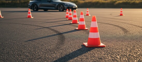Orange traffic cones lining an asphalt surface for a driving lesson or test, with a blurred dark sports car in the background and tire marks on the ground