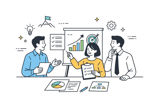 Strategic Planning Discussion. Strategic project planning. Business people discussing goals and next steps with simple charts and documents. A sense of