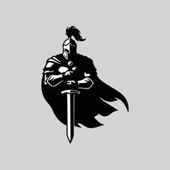 Spartan Warrior Knight with Sword and Cape Silhouette Vector Logo