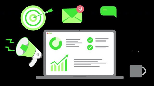 Marketing illustration vector animation showing laptop analytics for digital marketing concepts.