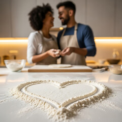 Romantic couple cooking together in a modern kitchen with a heart drawn in flour on the counter.