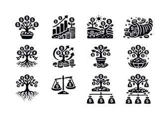 Obraz premium Icons of Economic Growth. Economic prosperity. Solid icon set of Economic prosperity: prosperity tree, flourishing economy icon, growth landscape tree,