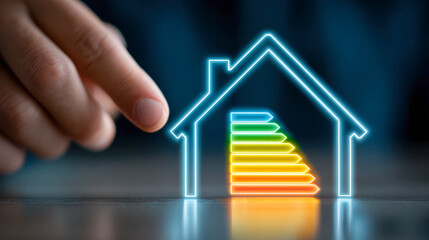 Human finger interacting with glowing house-shaped icon displaying colorful energy efficiency rating bars concept for sustainable living and eco-friendly homes