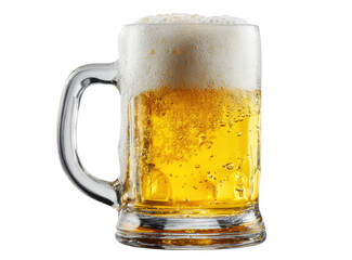 Cold Glass Mug Filled with Golden Beer and Frothy Head Isolated on Transparent Background