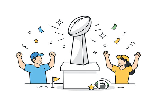 Trophy Victory Celebration. Super Bowl Trophy Moment. Clean editorial scene featuring a large trophy on a pedestal with confetti-like abstract