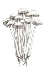 Minimalist Botanical Illustration of Enoki Mushrooms with Long Stems