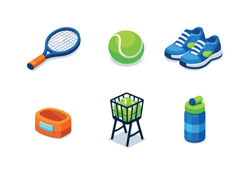 Tennis Gear Icons. Tennis. Isometric flat vector icons set of tennis: tennis racket, tennis ball, tennis shoes, wrist sweatband, ball hopper basket, water