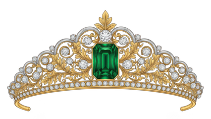 Luxurious emerald and diamond gold tiara crown, PNG with alpha channel for royal and bridal themes.