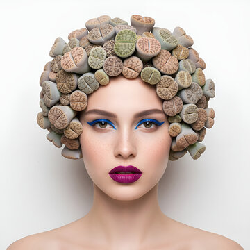 Portrait of a young woman in a headdress made of lithops succulents. Girl with bright makeup, blue eye makeup, wine-colored lipstick, close-up photo