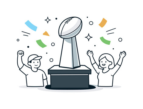 Trophy Victory Celebration. Super Bowl Trophy Moment. Clean editorial scene featuring a large trophy on a pedestal with confetti-like abstract