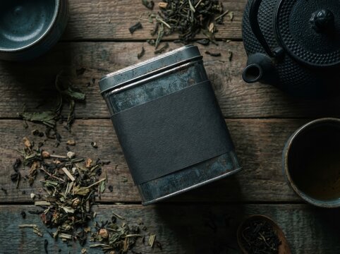 Rustic tin container with loose leaf tea scattered on wooden surface