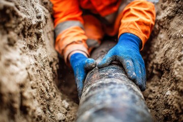 Worker wearing protective gloves and orange uniform carefully handling a large pipeline while installing it in a muddy trench during construction works