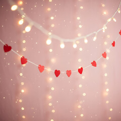A romantic pink background with sparkling bokeh lights and a garland of small red hearts, perfect for celebrations.