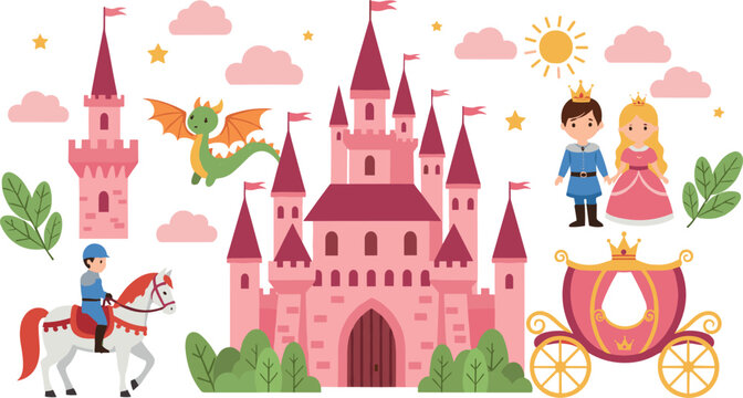 Fairytale castle vector illustration with prince, princess, dragon, carriage and knight creating magical fantasy kingdom scene in flat cartoon style isolated on white background