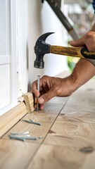 Hammering nail into wood trim