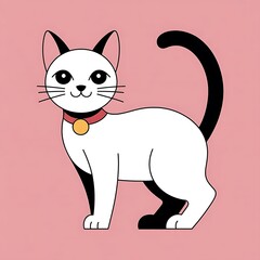 white cat with black tail and ears on pink background