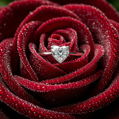 Close-up of a sparkling heart-shaped diamond engagement ring nestled within the vibrant red petals of a dewy rose, symbolizing love and romance.
