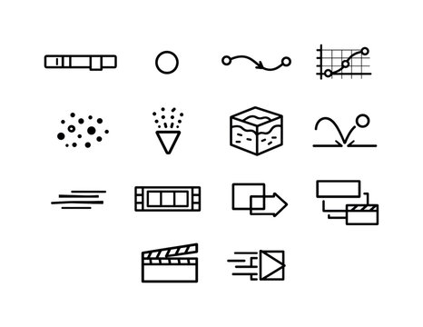 3D Motion Icon Set. 3D motion graphics. Line icon set of 3D motion graphics: timeline bar, keyframe dot, motion path, graph editor curve, particle icon,
