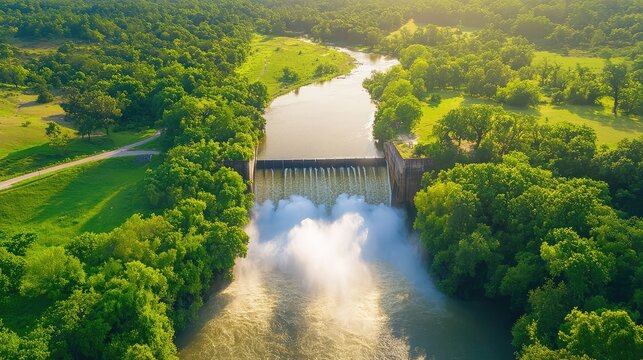 Brown river water rushing over dam spillway surrounded by untouched greenery from a birds-eye view