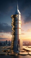 Obraz premium Modern skyscraper with stacked coins. Concept of financial growth, investment, and profitable real estate. Cityscape background.
