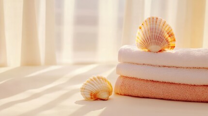 Close view of textured seashell beside stacked towels in beige and light brown hues, perfect for wellness or relaxation themes
