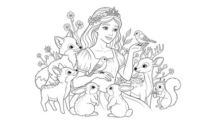 Fototapeta premium Woman with animals enchanting illustration of nature and friendship