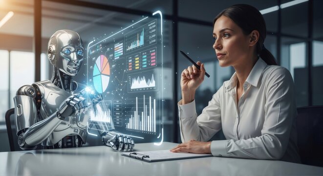 Woman and robot analyze data together. Artificial intelligence assisting with business analytics. Future collaboration concept.