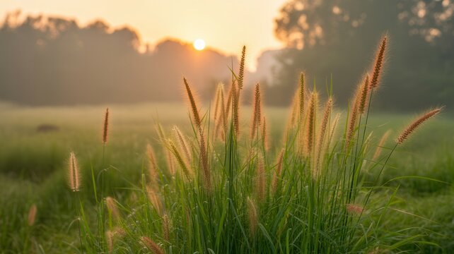 Golden hour sunrise over dewy grasses in a misty field