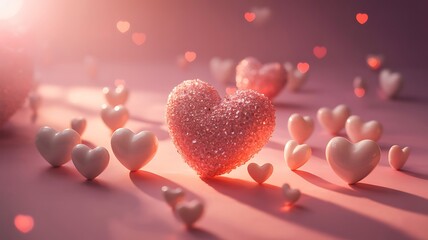 A large pink heart surrounded by smaller white and pink hearts on a pink surface