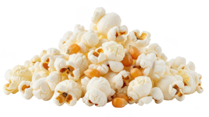 Heap of fresh salty popcorn with corn kernels, cinema isolated subject with transparency
