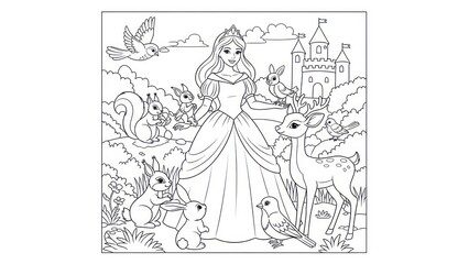 Obraz premium Black and white illustration of a princess surrounded by forest animals