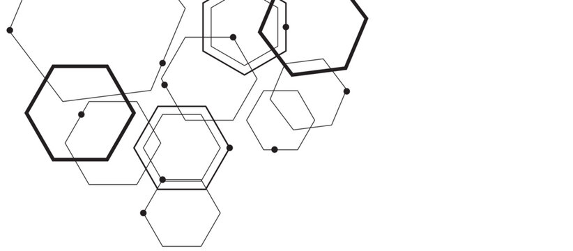 Geometric hexagonal shapes pattern background design. futuristic technology and science elements. black hexagon lines and dots on white background.