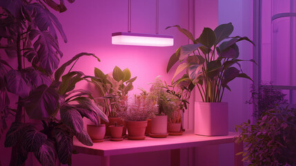 A plant grow lamp illuminates houseplants in a clean, minimal interior with a soft pink-purple glow.