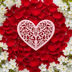 Ornate paper heart resting on a bed of vibrant red rose petals, framed by delicate white cherry blossoms.