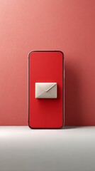 Smartphone standing upright, its red screen showing a white 3d envelope icon, symbolizing a new message or email notification, against a complementary textured red background and white surface