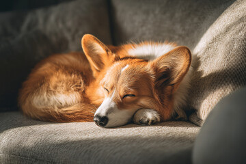 A small corgi is curled up on a couch in a cozy setting with soft shadows.