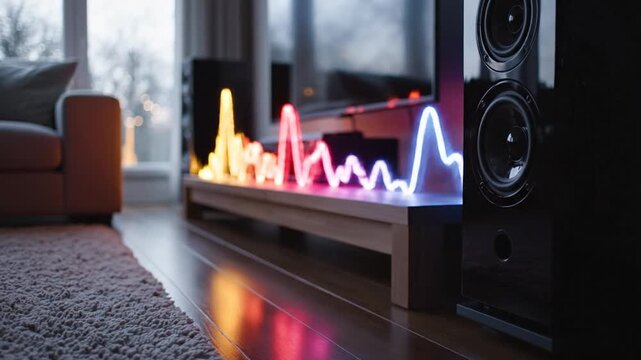 Modern living room with sound system and colorful sound waves displayed on a device