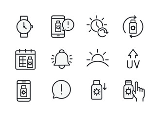 Sunscreen Reminder Icons. Applying sunscreen. Line icon set of sunscreen reminders: watch timer, smartphone alert, sun clock, reapply symbol, calendar icon,