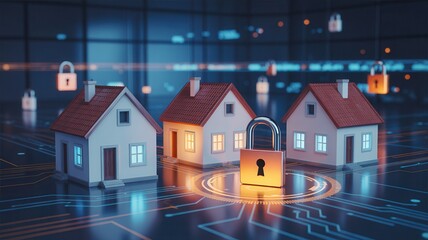 Digital security concept three small houses protected by a glowing padlock on a futuristic circuit board background