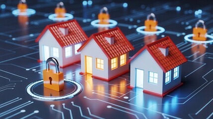 Digital security and protection of real estate assets on a futuristic circuit board with padlocks