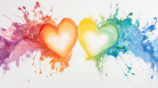 Expressive rainbow brushwork enveloping two hearts, full of color and emotion, painted on a white base