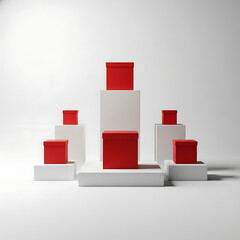 Red gift boxes arranged on white pedestals in a minimalist studio setting, creating a clean and modern display.