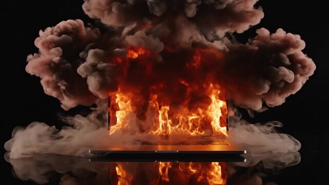 Intense fire engulfs a platform surrounded by smoke and flames, viewed from the front against a dark background.