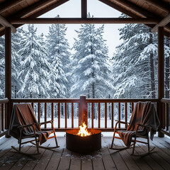 Cozy cabin porch with a warm fire pit and two rocking chairs overlooking a serene snowy winter forest.