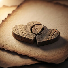 Two rustic wooden heart puzzle pieces interlocked on aged parchment, symbolizing connection and love.